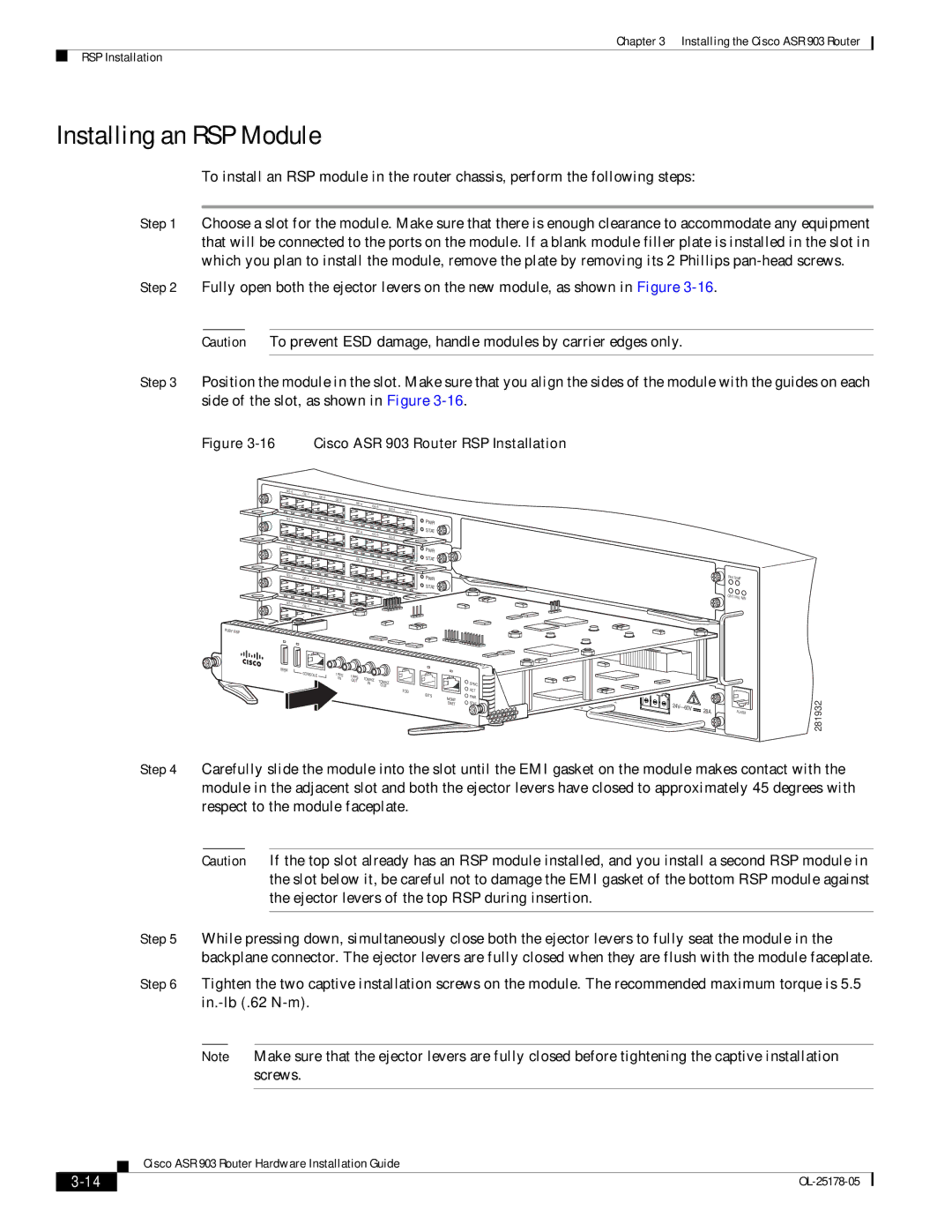 Cisco Systems manual Installing an RSP Module, Cisco ASR 903 Router RSP Installation 