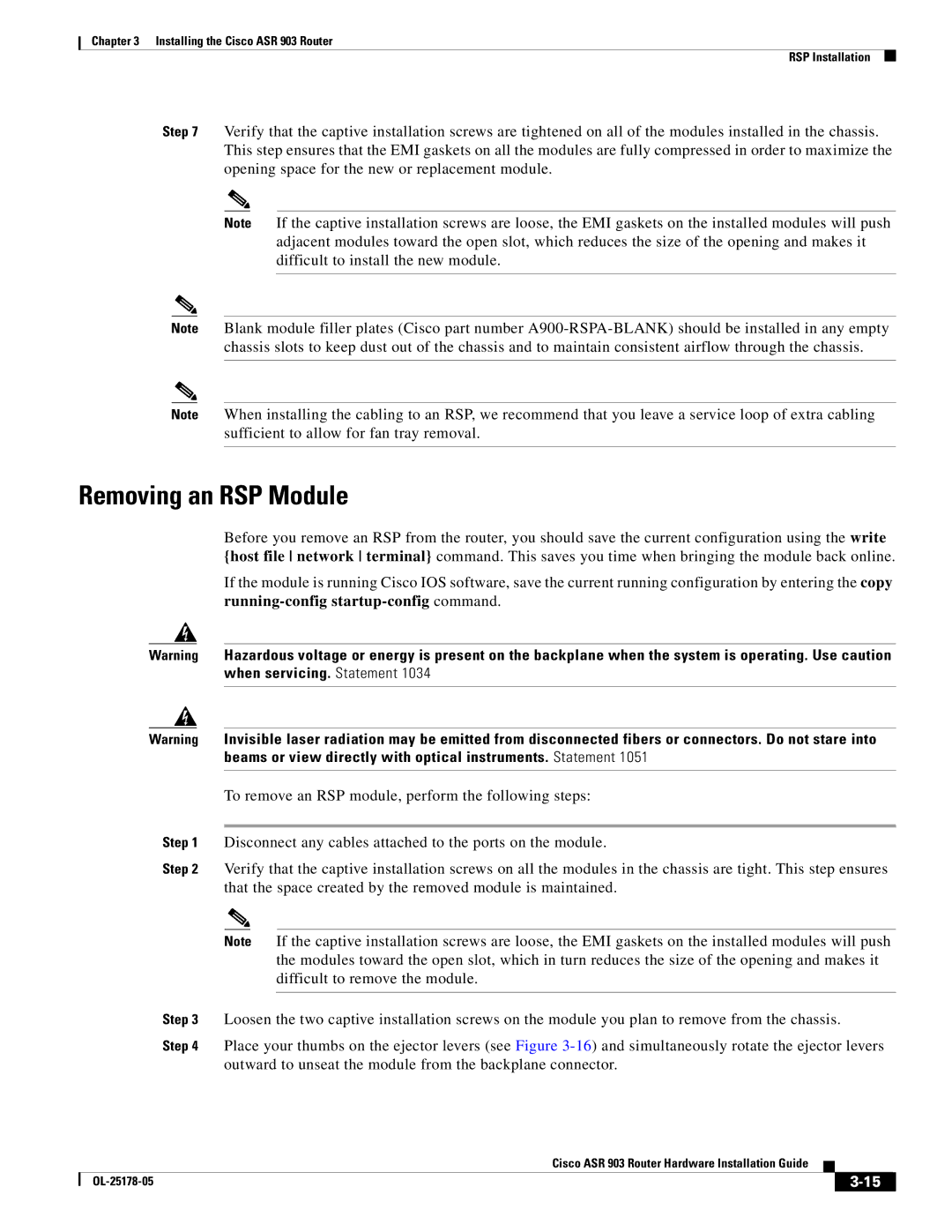 Cisco Systems ASR 903 manual Removing an RSP Module 