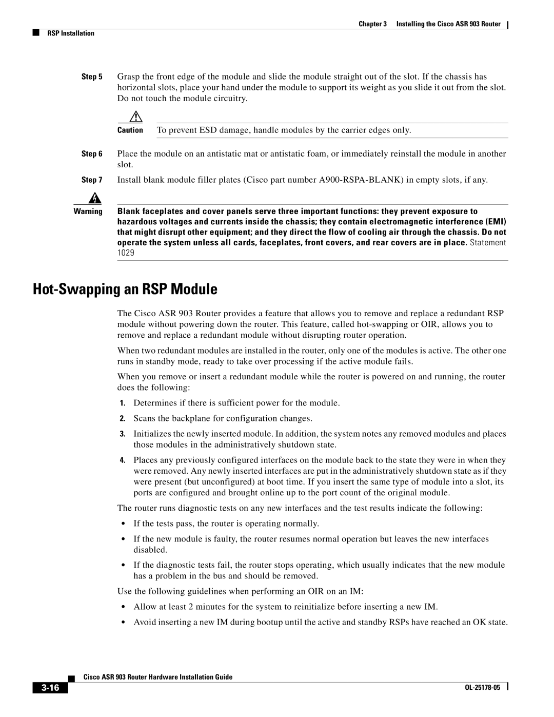 Cisco Systems ASR 903 manual Hot-Swapping an RSP Module 