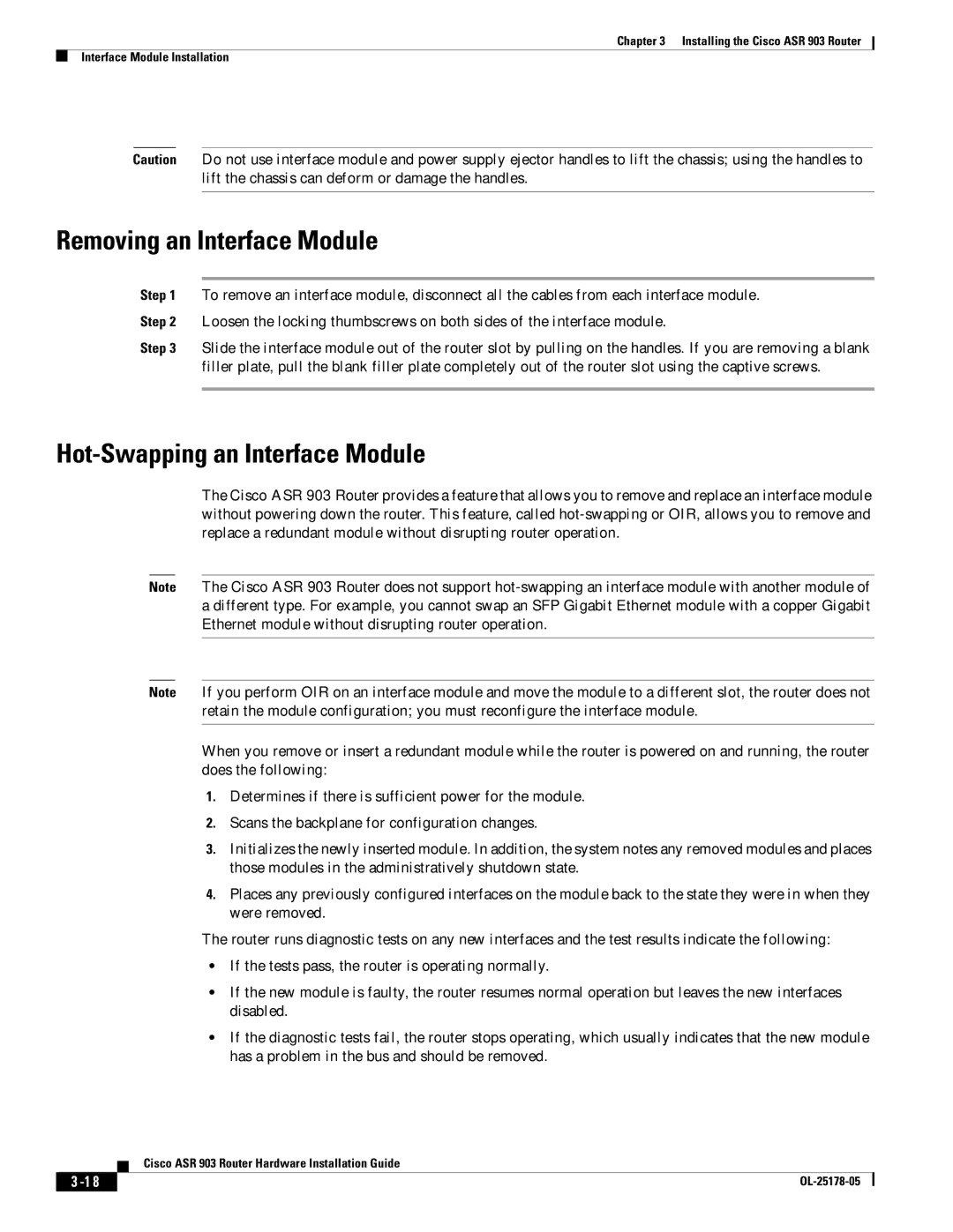 Cisco Systems ASR 903 manual Removing an Interface Module, Hot-Swapping an Interface Module 