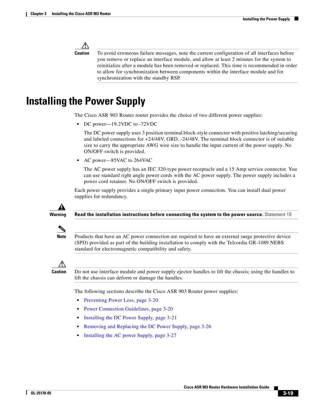 Cisco Systems ASR 903 manual Installing the Power Supply 