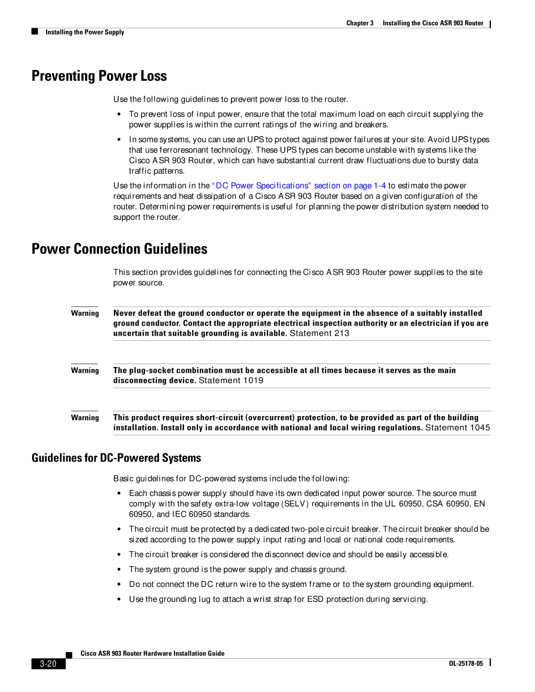 Cisco Systems ASR 903 manual Preventing Power Loss, Power Connection Guidelines, Guidelines for DC-Powered Systems 