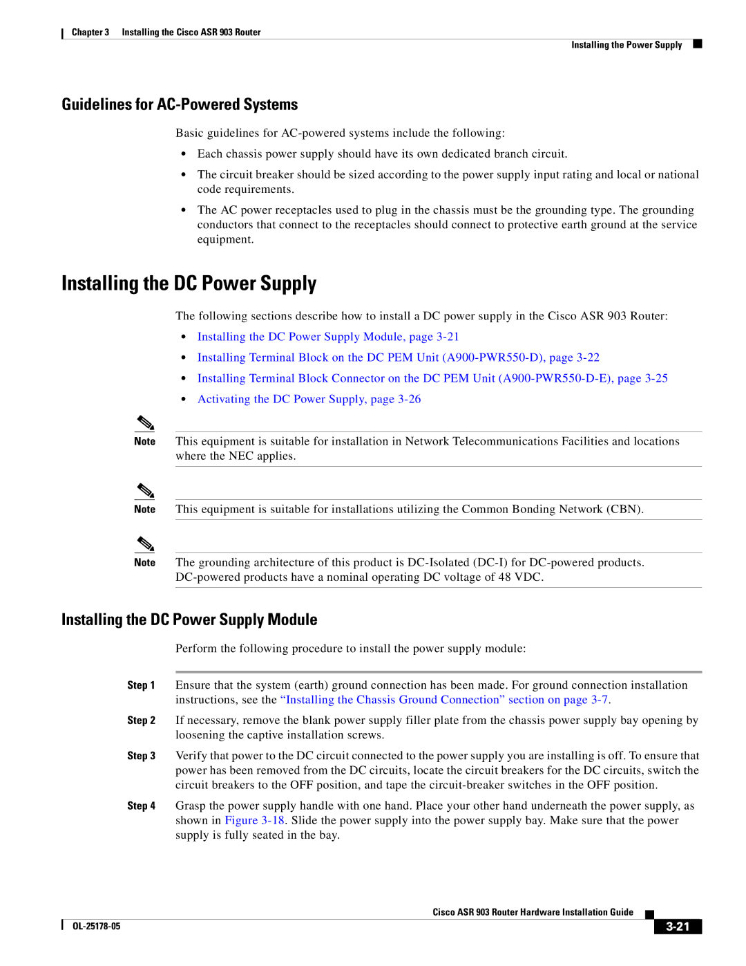 Cisco Systems ASR 903 manual Installing the DC Power Supply, Guidelines for AC-Powered Systems 