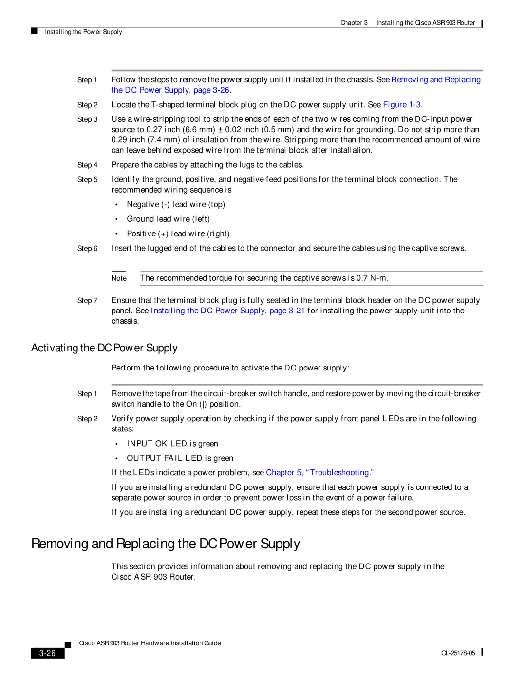 Cisco Systems ASR 903 manual Removing and Replacing the DC Power Supply, Activating the DC Power Supply 