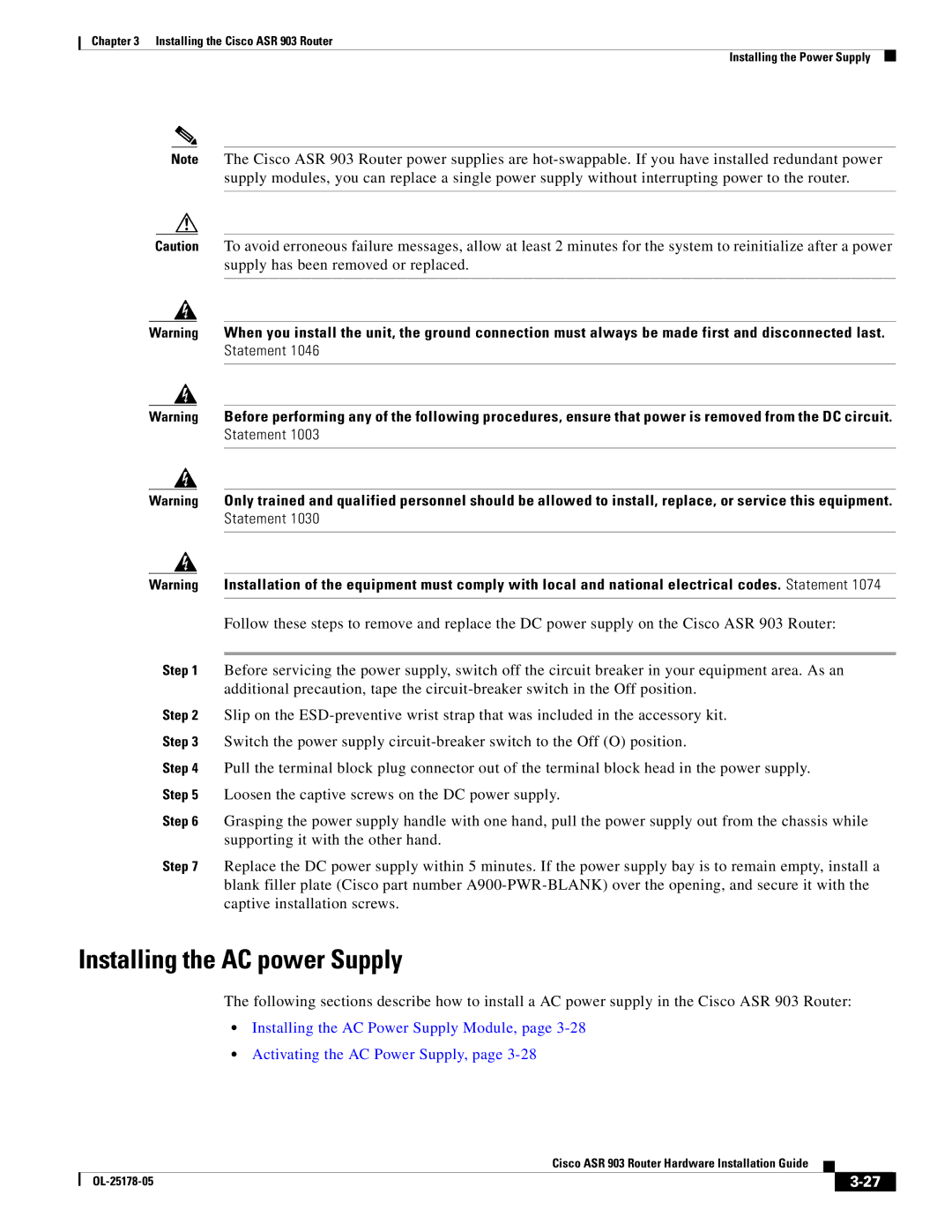 Cisco Systems ASR 903 manual Installing the AC power Supply 