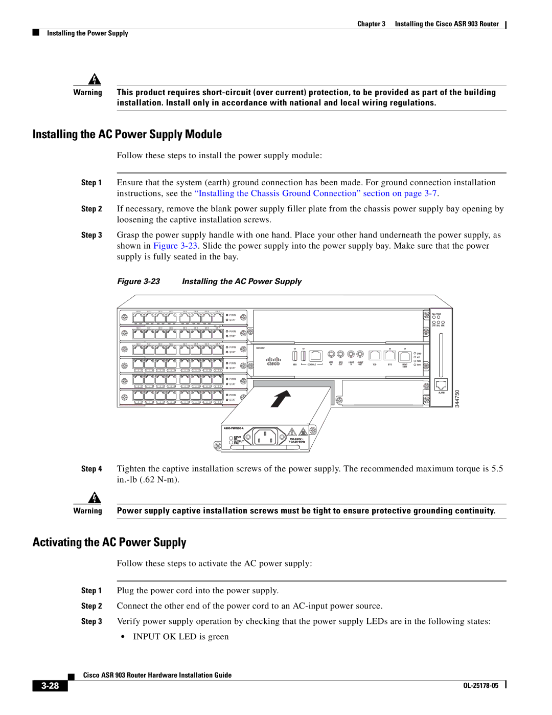 Cisco Systems ASR 903 manual Installing the AC Power Supply Module, Activating the AC Power Supply 