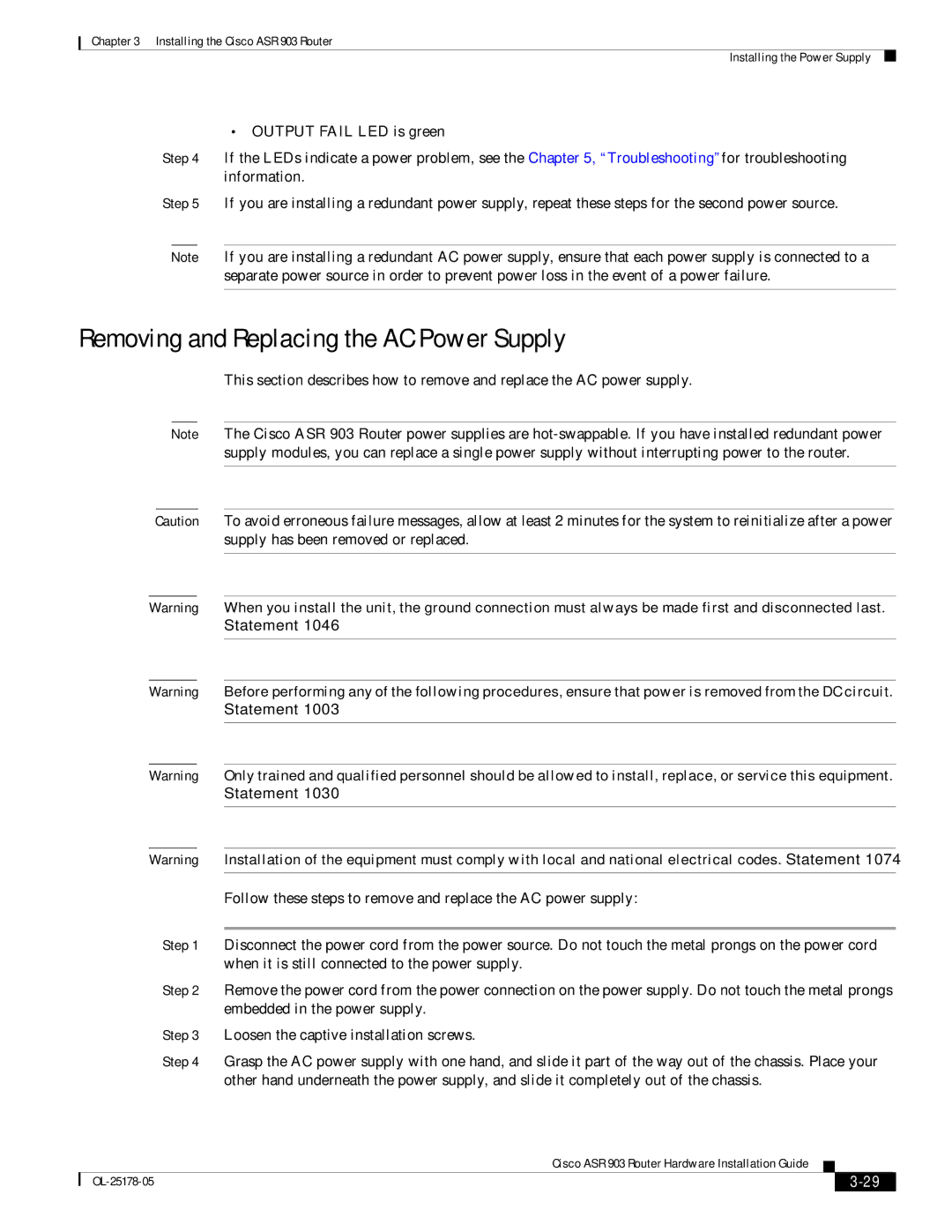 Cisco Systems ASR 903 manual Removing and Replacing the AC Power Supply, Supply has been removed or replaced 