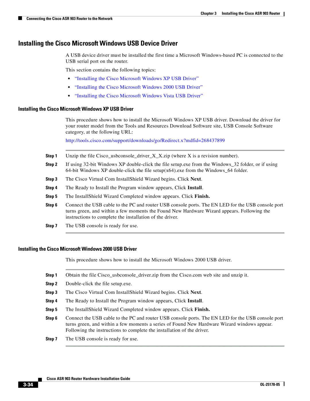 Cisco Systems ASR 903 manual Installing the Cisco Microsoft Windows USB Device Driver 