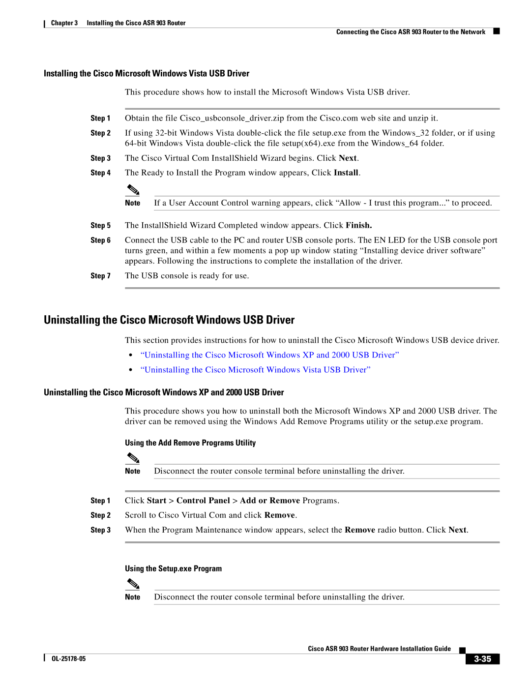 Cisco Systems ASR 903 manual Uninstalling the Cisco Microsoft Windows USB Driver, Using the Add Remove Programs Utility 