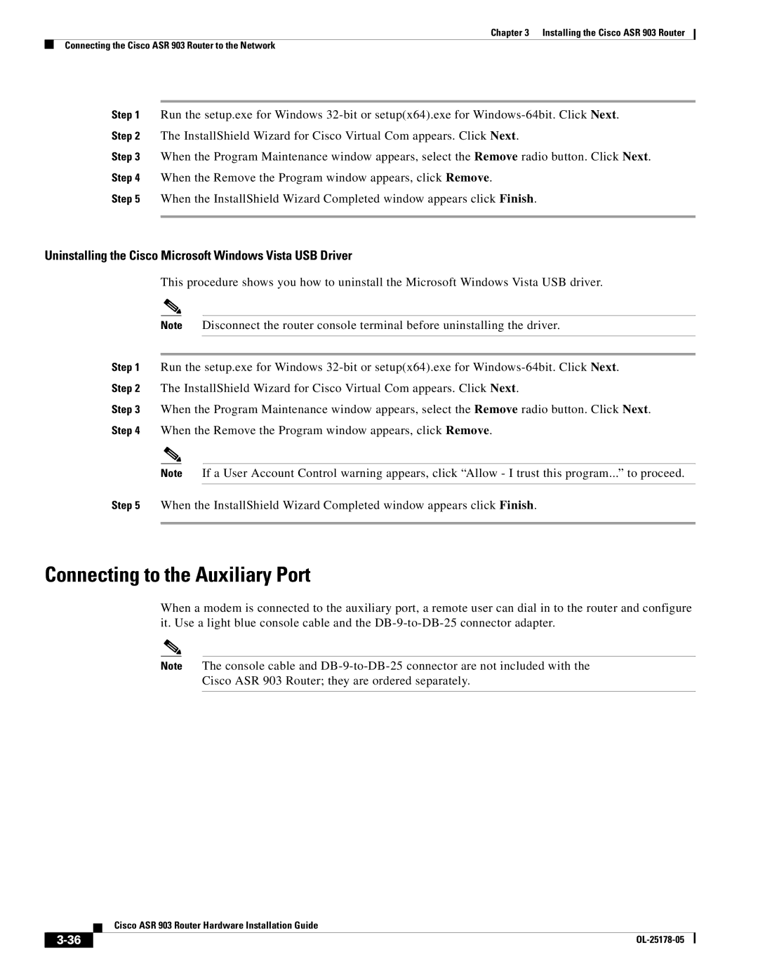 Cisco Systems ASR 903 manual Connecting to the Auxiliary Port, Uninstalling the Cisco Microsoft Windows Vista USB Driver 