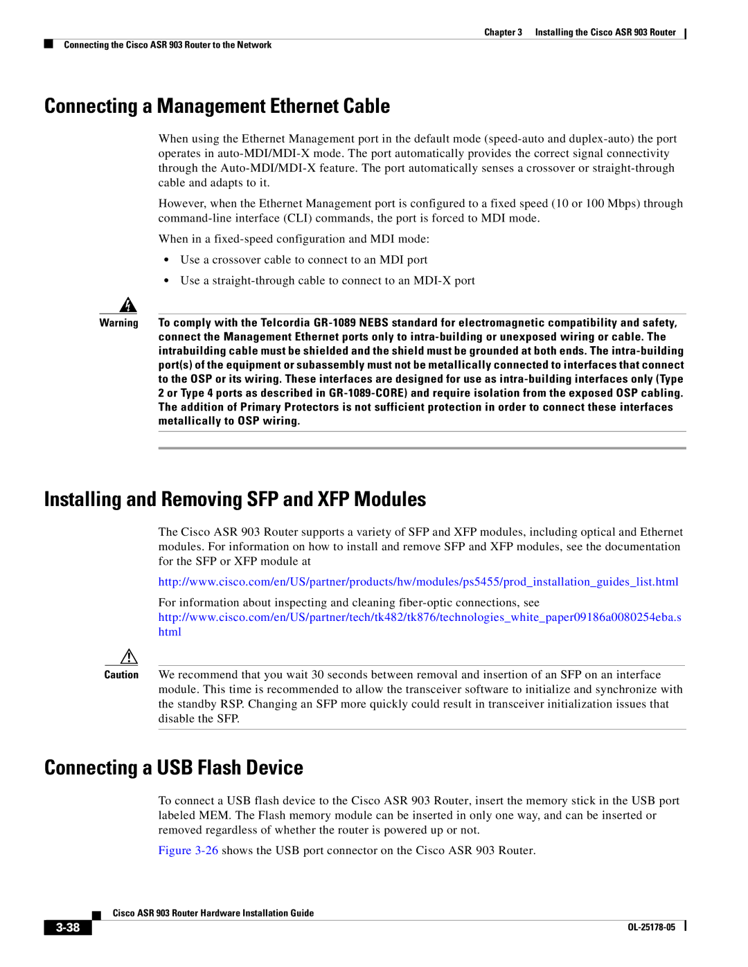 Cisco Systems ASR 903 manual Connecting a Management Ethernet Cable, Installing and Removing SFP and XFP Modules 