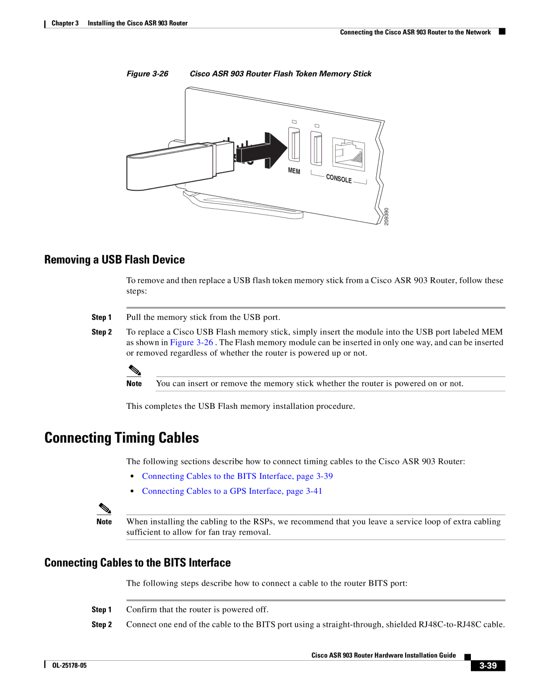 Cisco Systems ASR 903 manual Connecting Timing Cables, Removing a USB Flash Device, Connecting Cables to the Bits Interface 