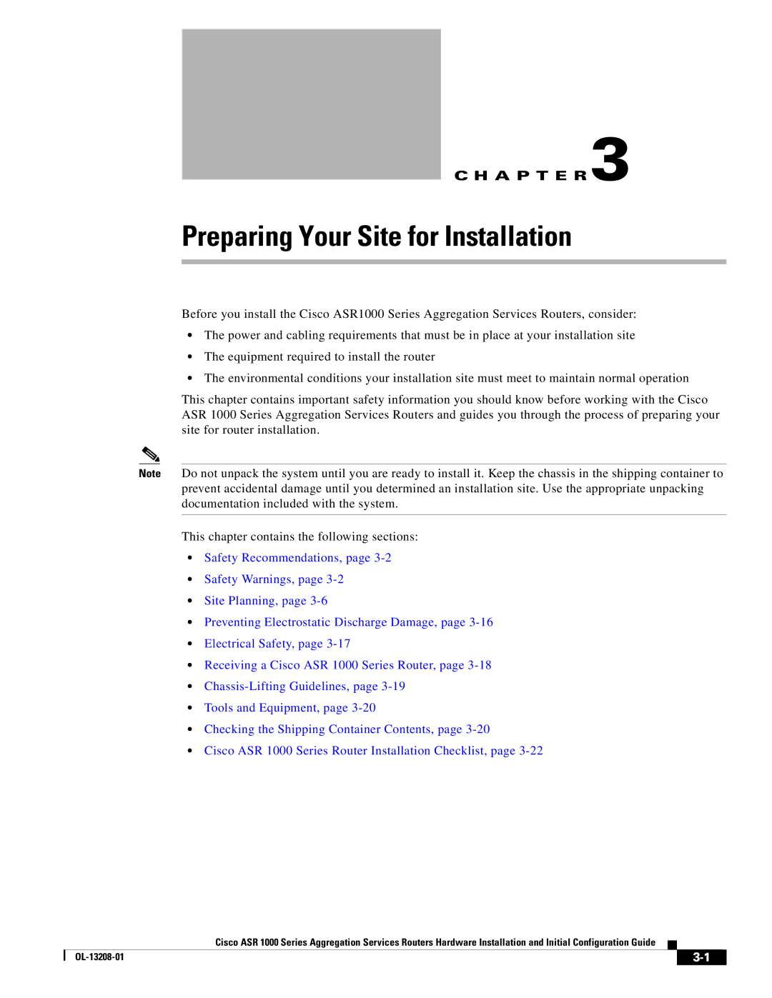 Cisco Systems ASR1000 manual Preparing Your Site for Installation, A P T E R 