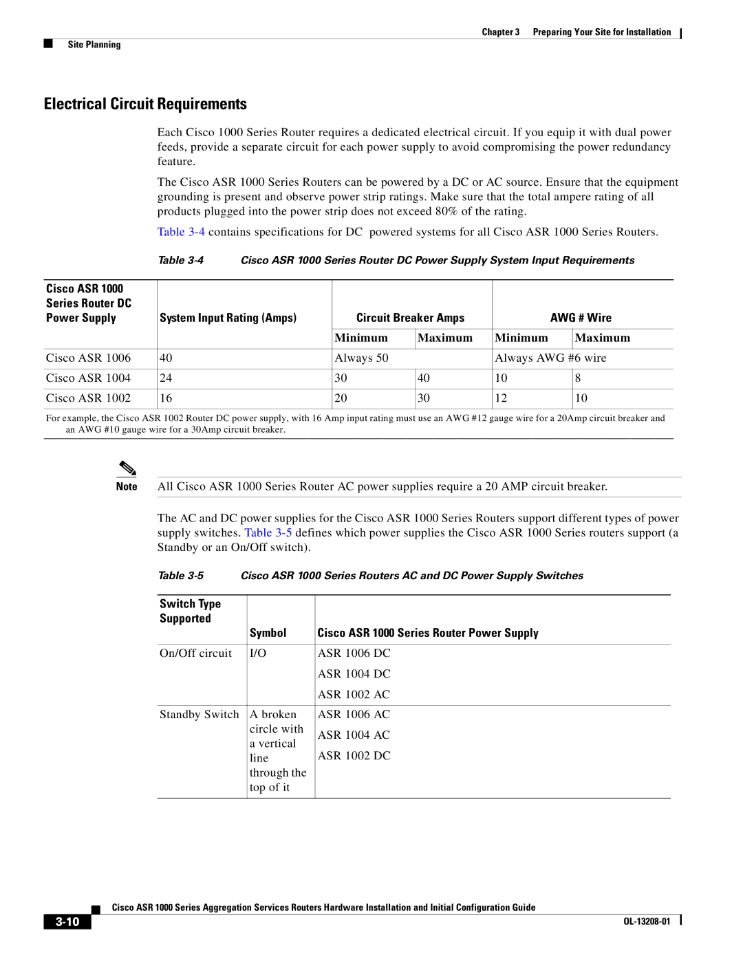 Cisco Systems ASR1000 manual Electrical Circuit Requirements, Minimum Maximum 