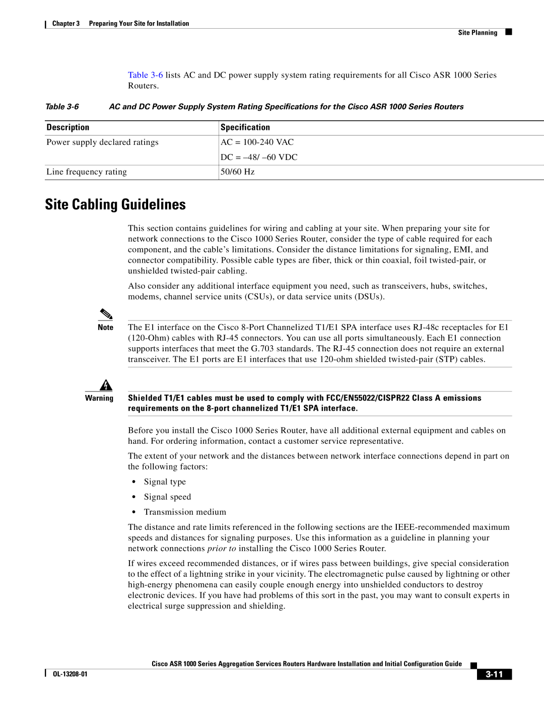 Cisco Systems ASR1000 manual Site Cabling Guidelines, Description Specification 