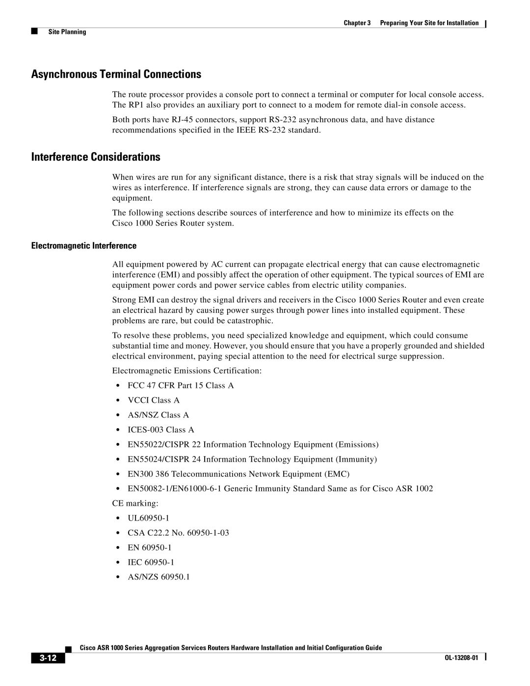 Cisco Systems ASR1000 manual Asynchronous Terminal Connections, Interference Considerations, Electromagnetic Interference 