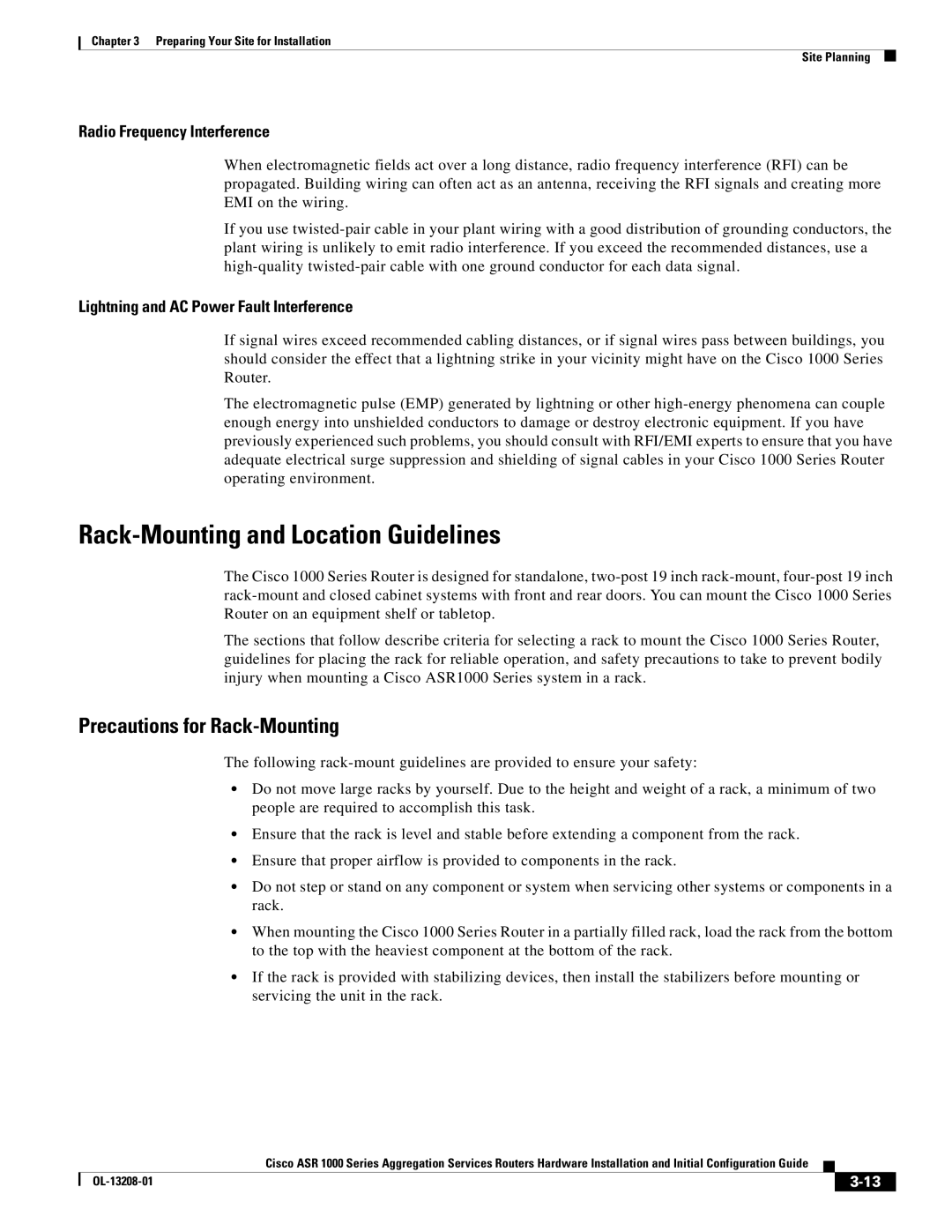 Cisco Systems ASR1000 Rack-Mounting and Location Guidelines, Precautions for Rack-Mounting, Radio Frequency Interference 