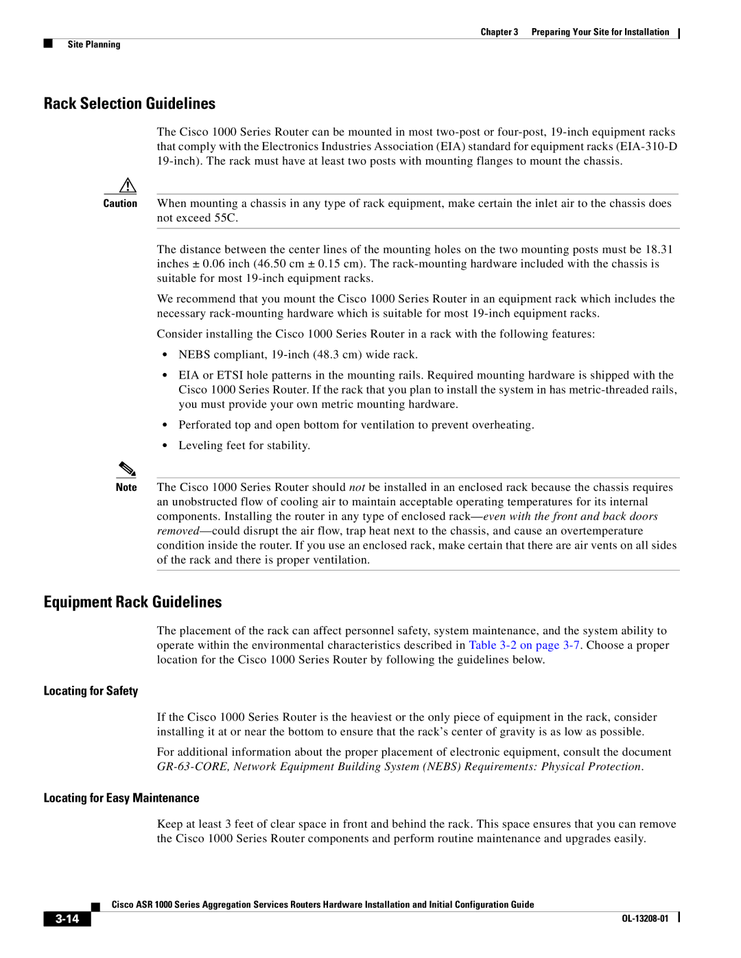 Cisco Systems ASR1000 manual Rack Selection Guidelines, Equipment Rack Guidelines, Locating for Safety 