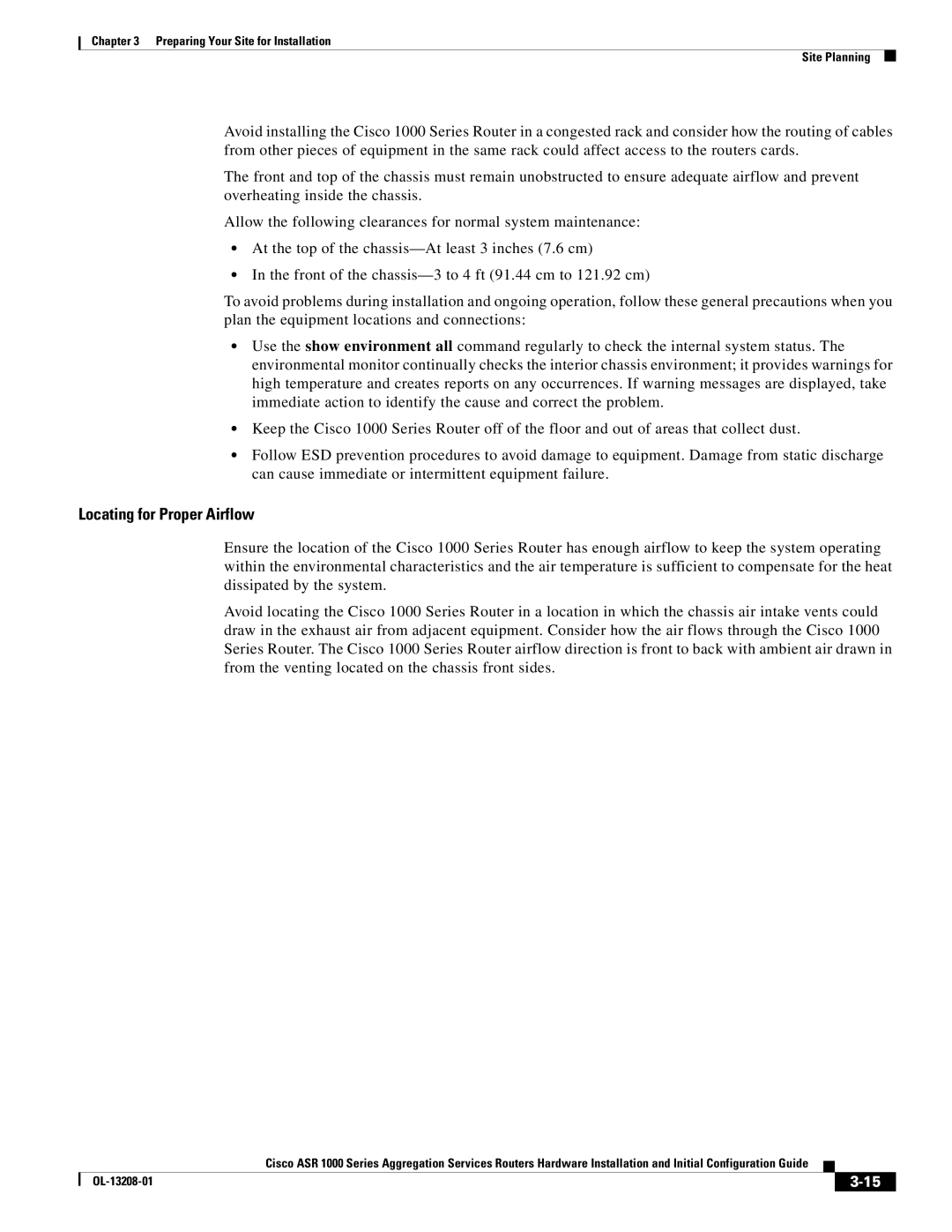 Cisco Systems ASR1000 manual Locating for Proper Airflow 