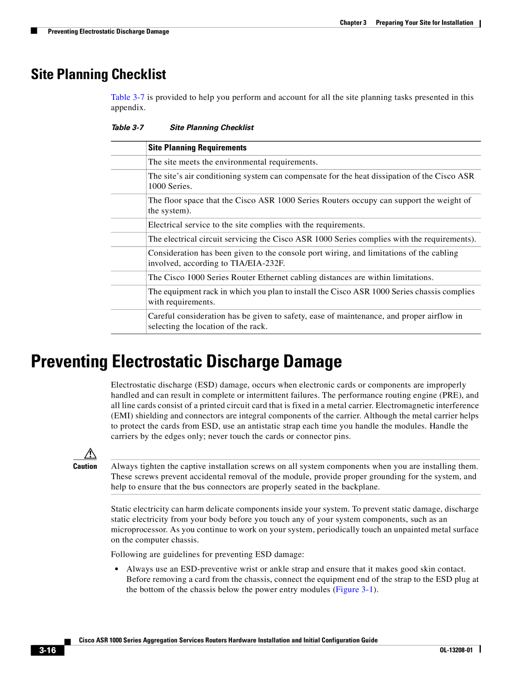 Cisco Systems ASR1000 manual Preventing Electrostatic Discharge Damage, Site Planning Checklist, Site Planning Requirements 