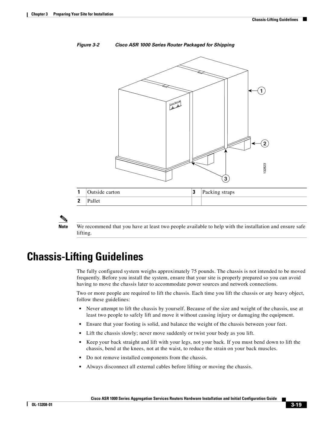 Cisco Systems ASR1000 manual Chassis-Lifting Guidelines, Cisco ASR 1000 Series Router Packaged for Shipping 