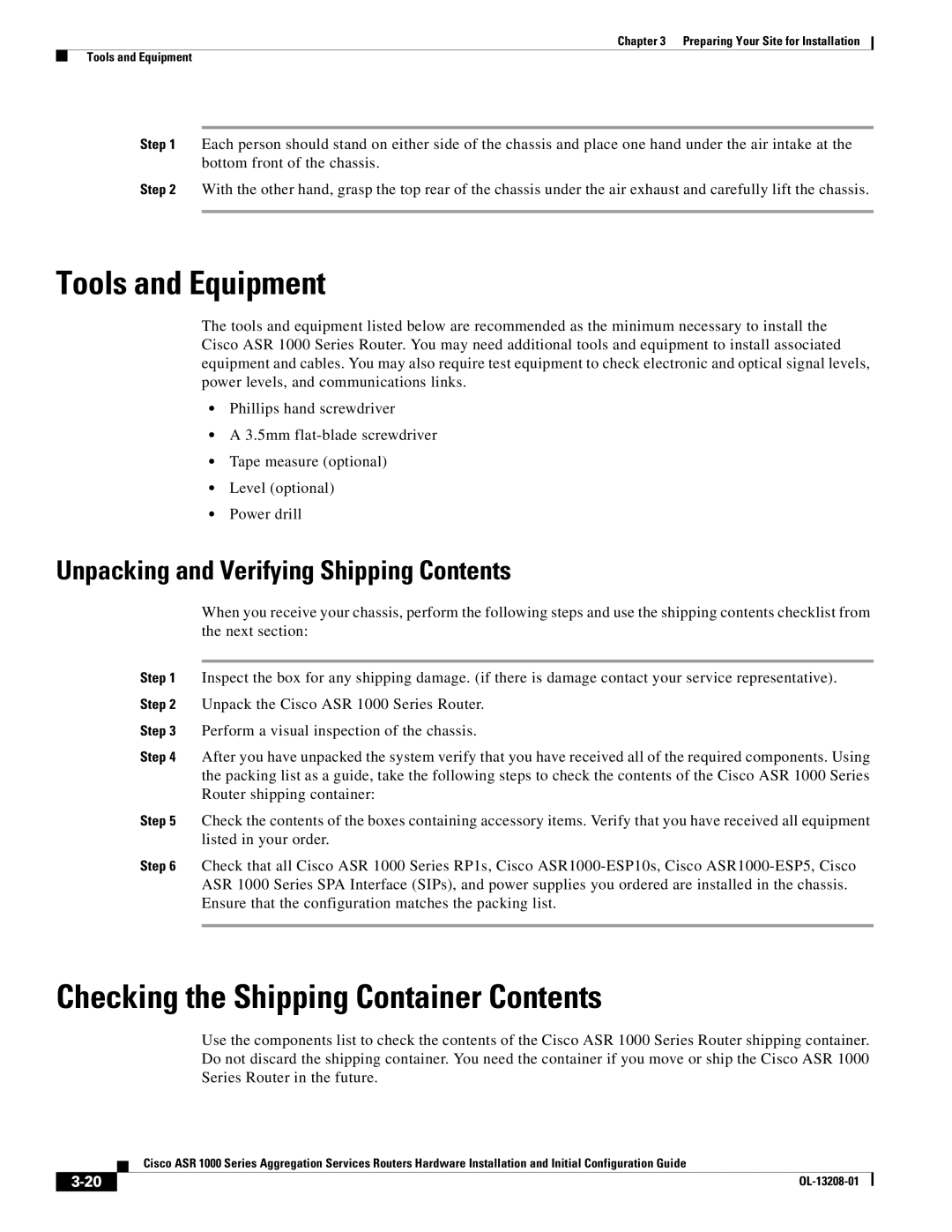 Cisco Systems ASR1000 manual Tools and Equipment, Checking the Shipping Container Contents 