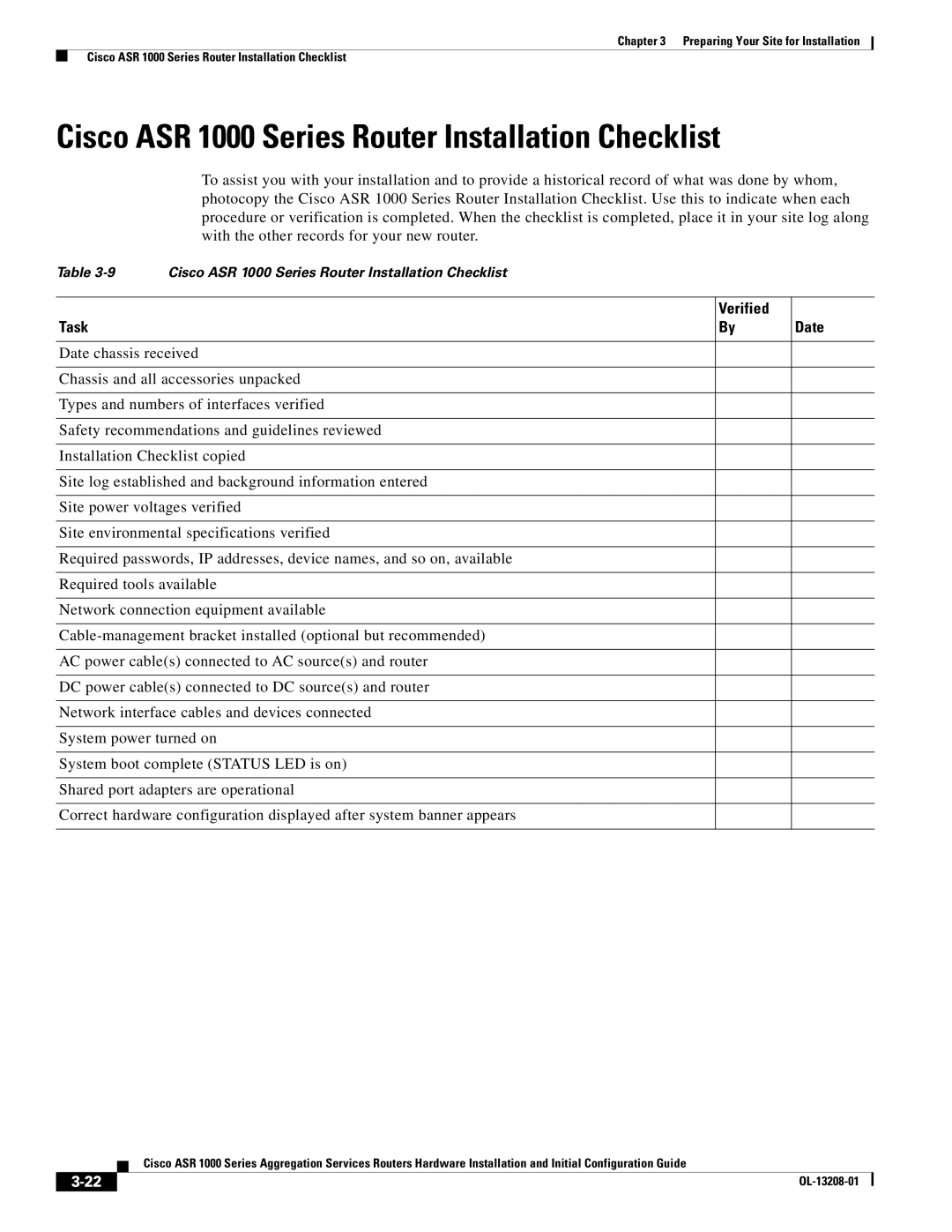 Cisco Systems ASR1000 manual Cisco ASR 1000 Series Router Installation Checklist, Verified Task Date 