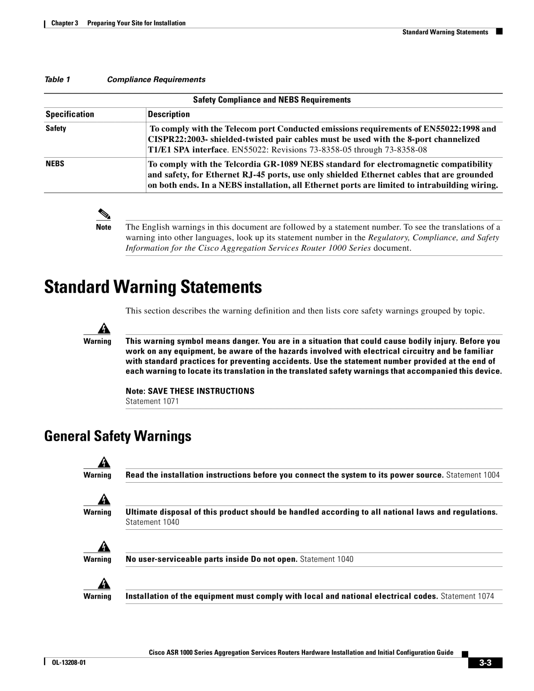 Cisco Systems ASR1000 manual Standard Warning Statements, General Safety Warnings, Safety Compliance and Nebs Requirements 