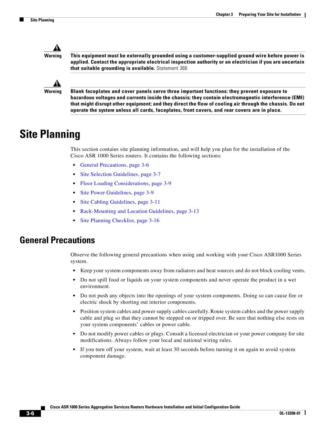 Cisco Systems ASR1000 manual Site Planning, General Precautions 