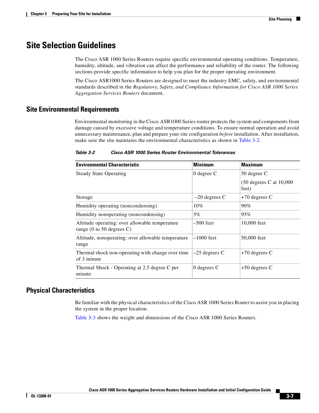 Cisco Systems ASR1000 manual Site Selection Guidelines, Site Environmental Requirements, Physical Characteristics 