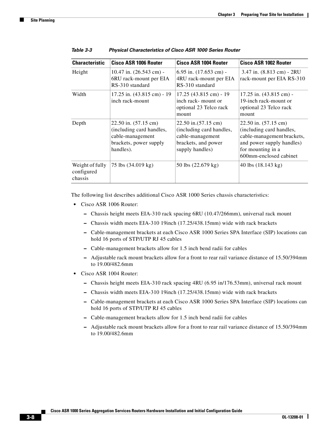 Cisco Systems ASR1000 manual Physical Characteristics of Cisco ASR 1000 Series Router 