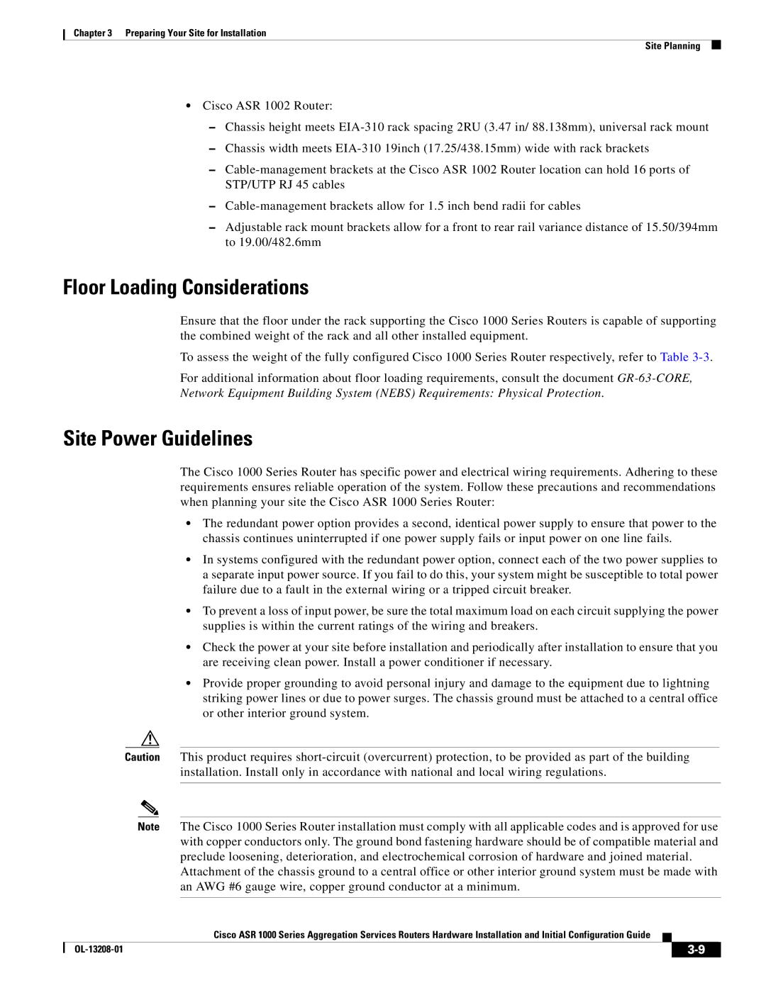 Cisco Systems ASR1000 manual Floor Loading Considerations, Site Power Guidelines 