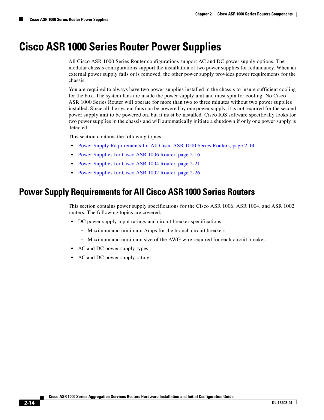 Cisco Systems ASR1000 manual Cisco ASR 1000 Series Router Power Supplies 