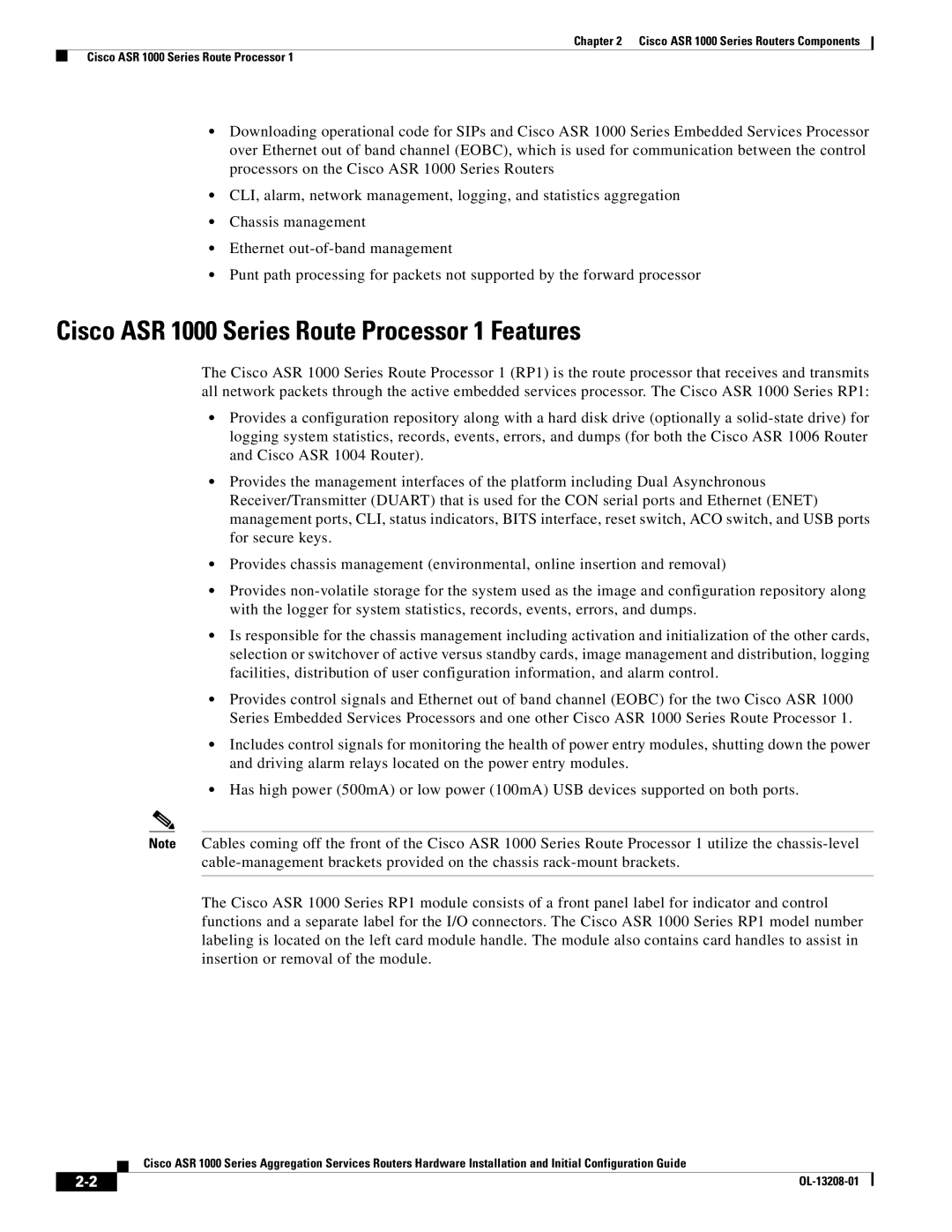 Cisco Systems ASR1000 manual Cisco ASR 1000 Series Route Processor 1 Features 