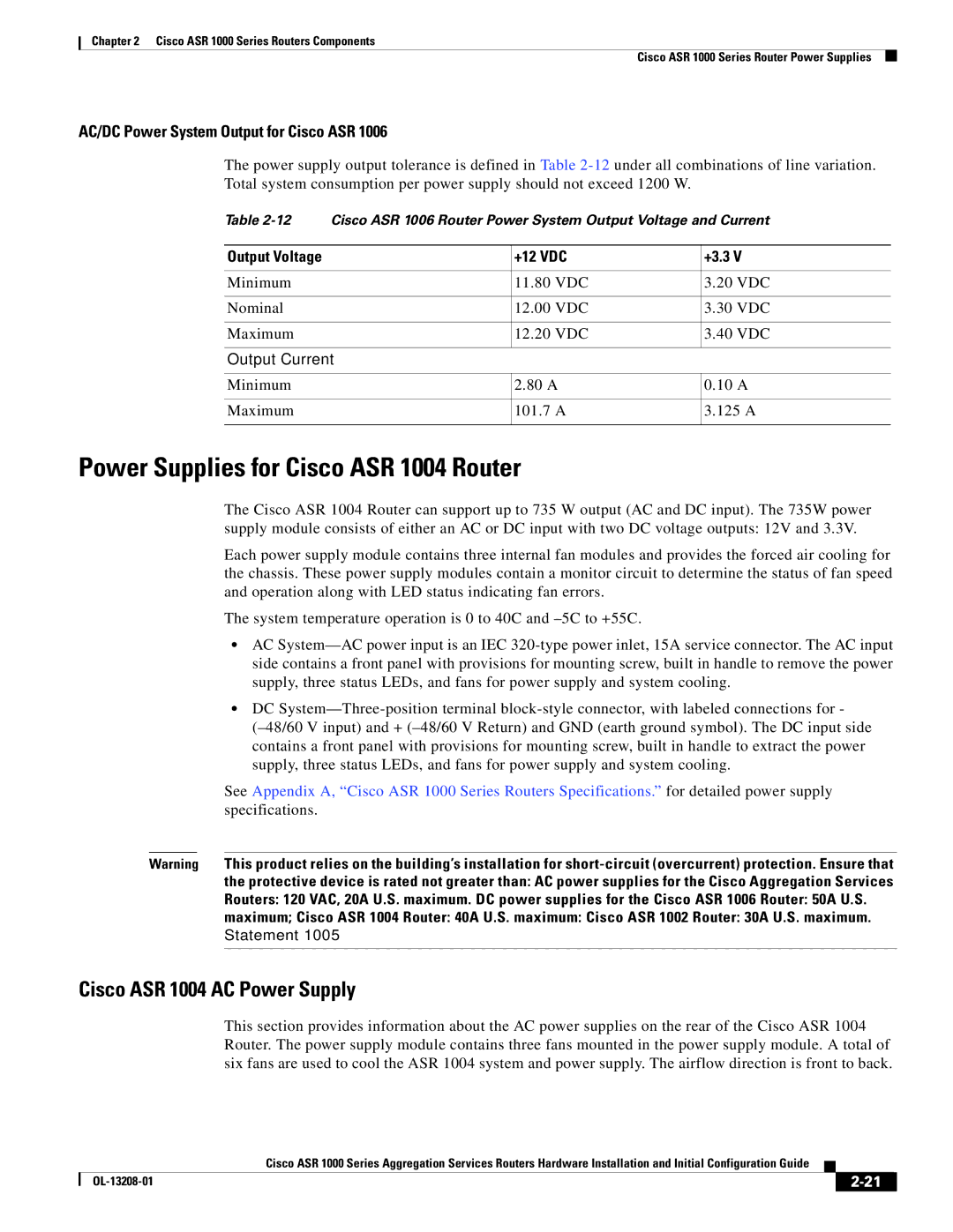 Cisco Systems ASR1000 manual Power Supplies for Cisco ASR 1004 Router, Cisco ASR 1004 AC Power Supply, +12 VDC +3.3, Vdc 