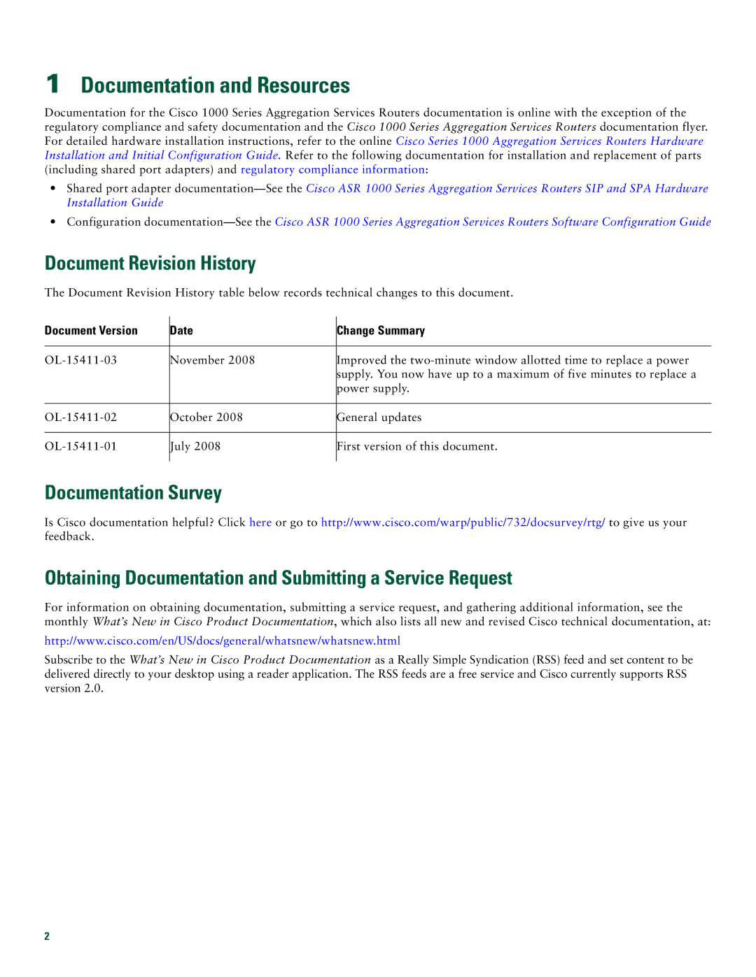 Cisco Systems ASR1002 quick start Documentation and Resources, Document Revision History 