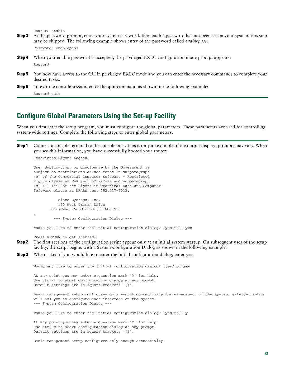 Cisco Systems ASR1002 quick start Configure Global Parameters Using the Set-up Facility 