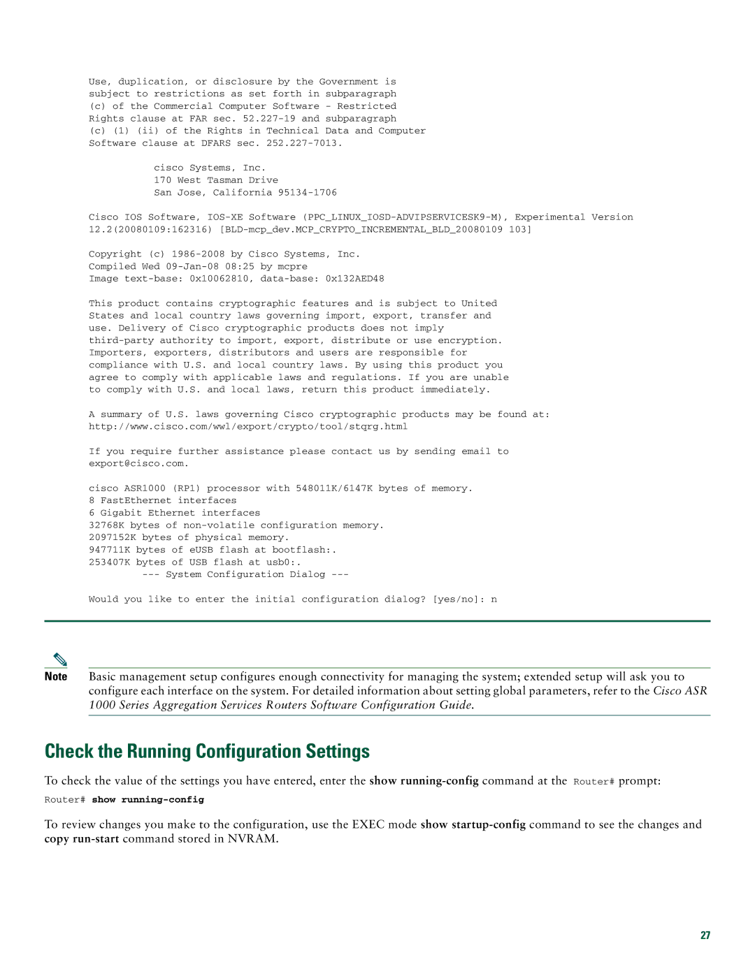 Cisco Systems ASR1002 quick start Check the Running Configuration Settings 