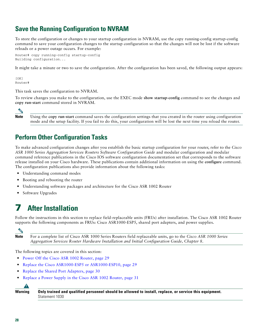 Cisco Systems ASR1002 After Installation, Save the Running Configuration to Nvram, Perform Other Configuration Tasks 