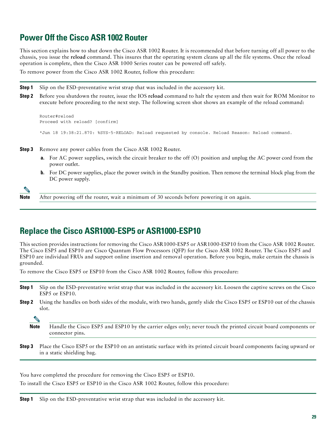 Cisco Systems ASR1002 quick start Power Off the Cisco ASR 1002 Router, Replace the Cisco ASR1000-ESP5 or ASR1000-ESP10 