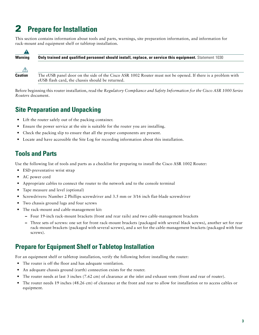 Cisco Systems ASR1002 quick start Prepare for Installation, Site Preparation and Unpacking, Tools and Parts 