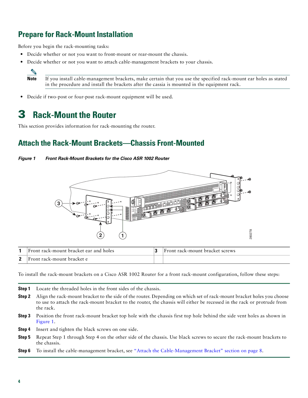 Cisco Systems ASR1002 quick start Rack-Mount the Router, Prepare for Rack-Mount Installation 