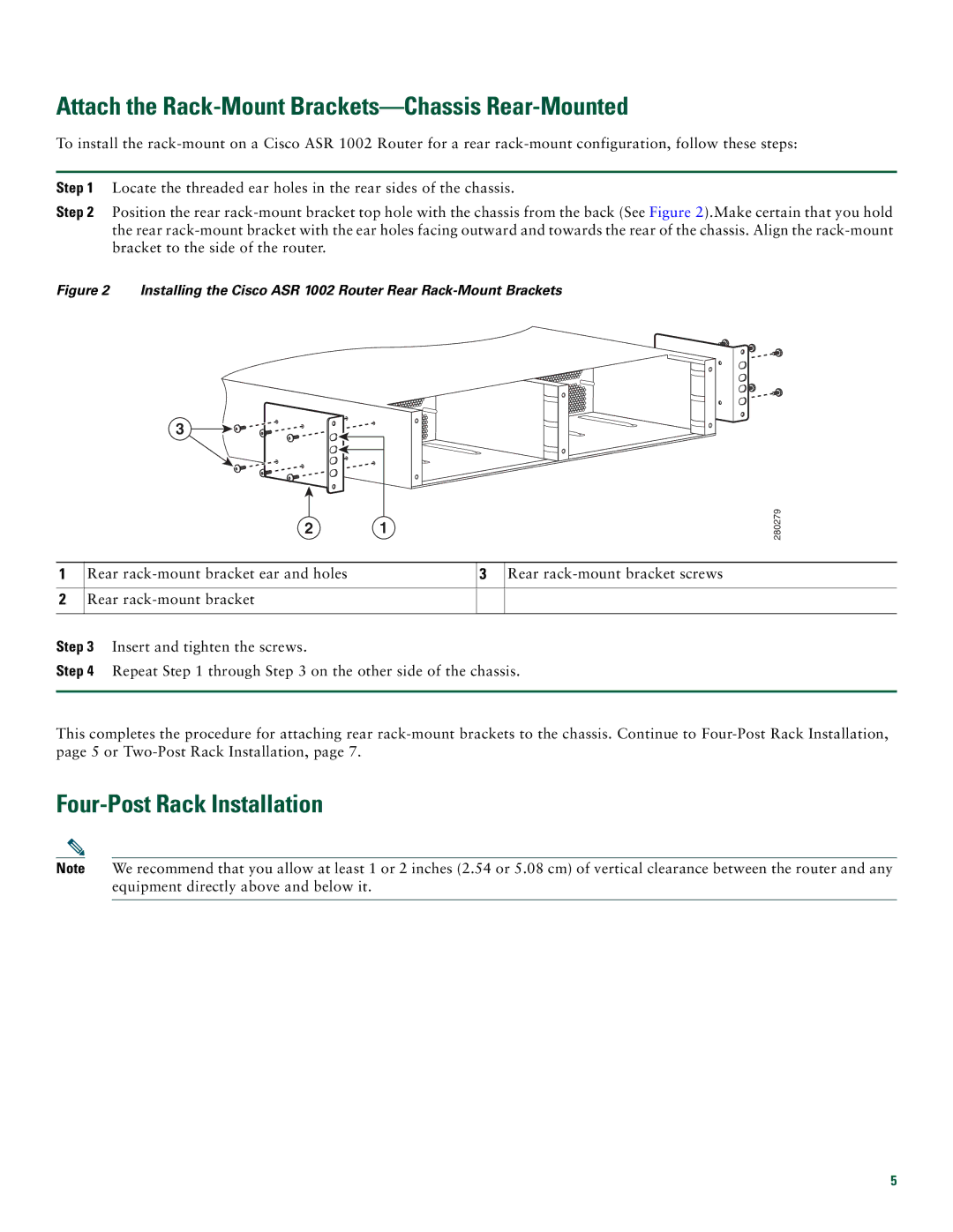 Cisco Systems ASR1002 quick start Attach the Rack-Mount Brackets-Chassis Rear-Mounted, Four-Post Rack Installation 