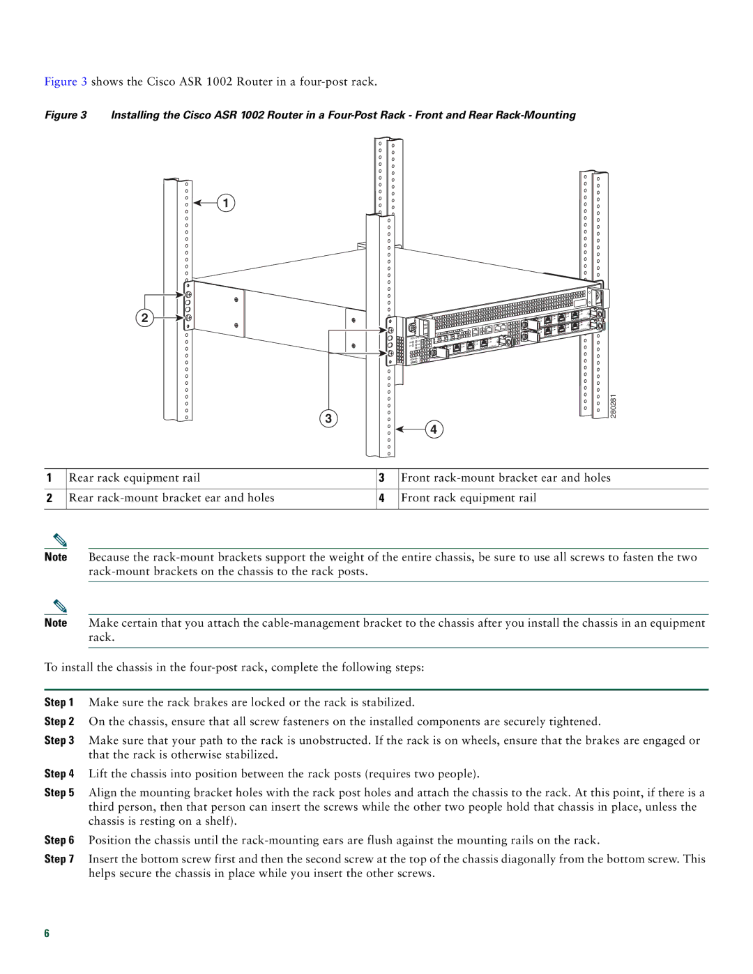 Cisco Systems ASR1002 quick start Shows the Cisco ASR 1002 Router in a four-post rack 