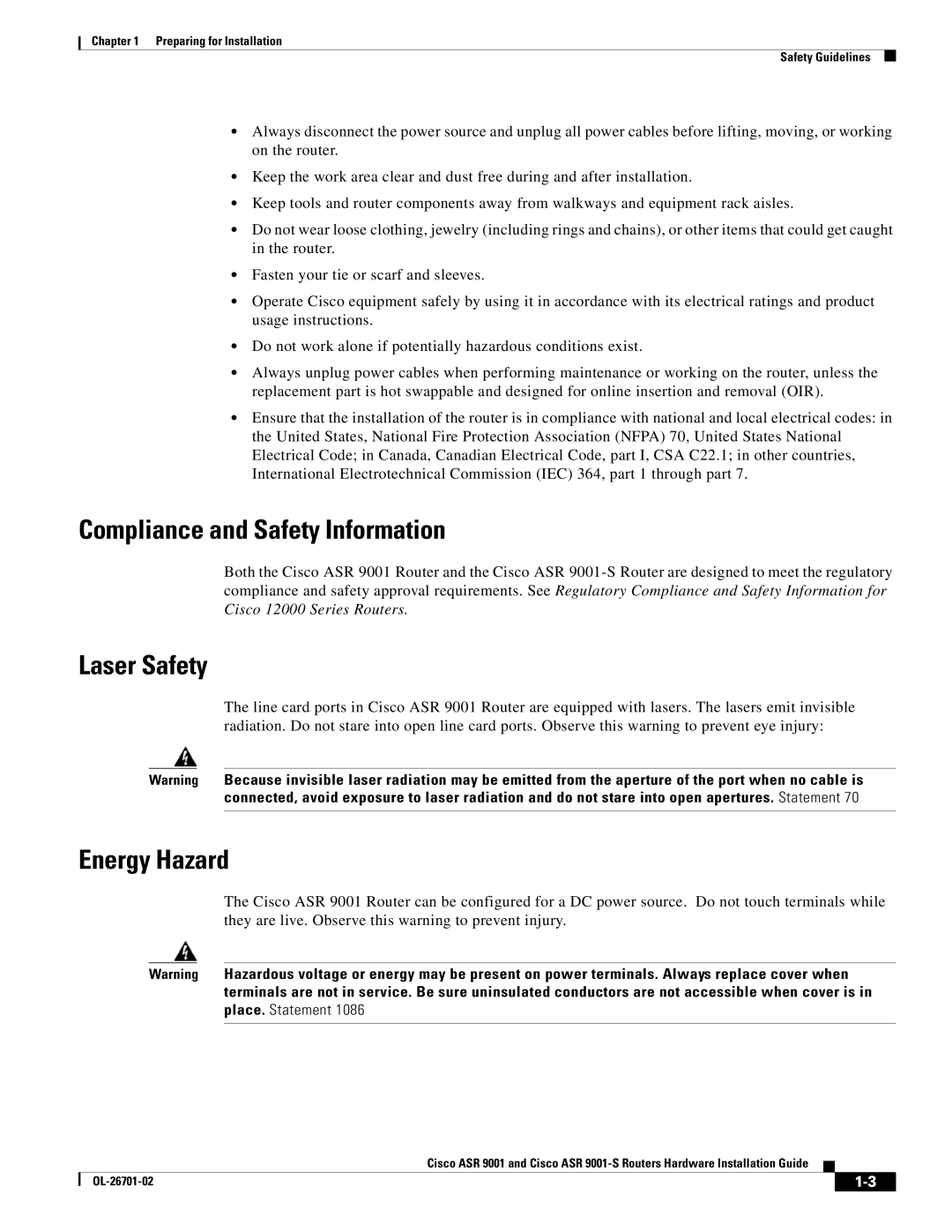 Cisco Systems ASR9001s, 9001S manual Compliance and Safety Information, Laser Safety, Energy Hazard 