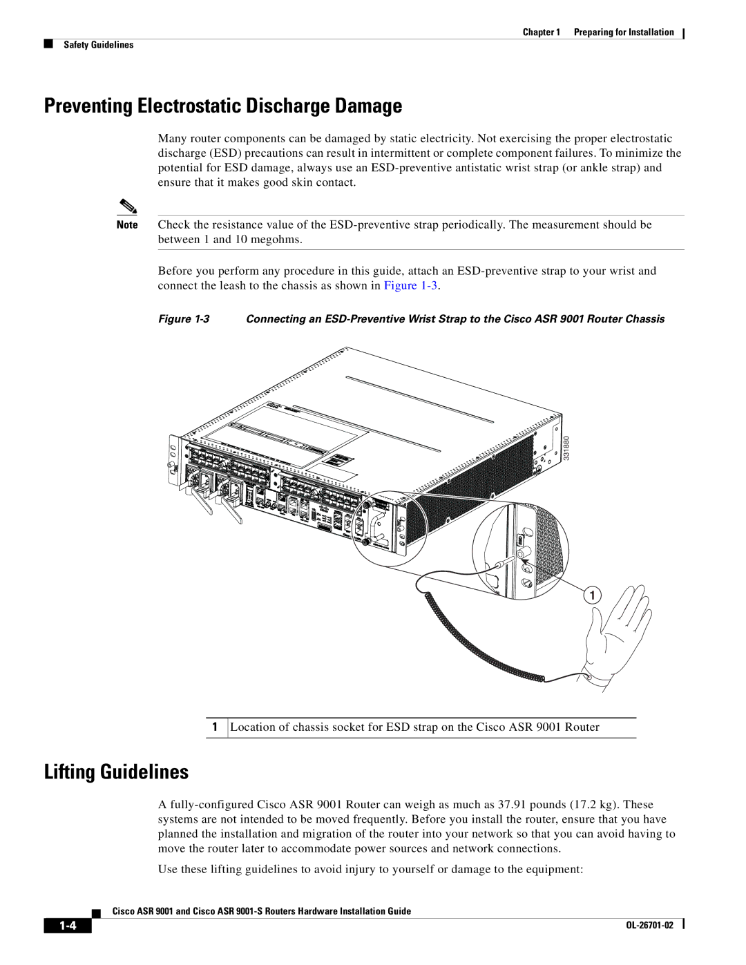 Cisco Systems 9001S, ASR9001s manual Preventing Electrostatic Discharge Damage, Lifting Guidelines 