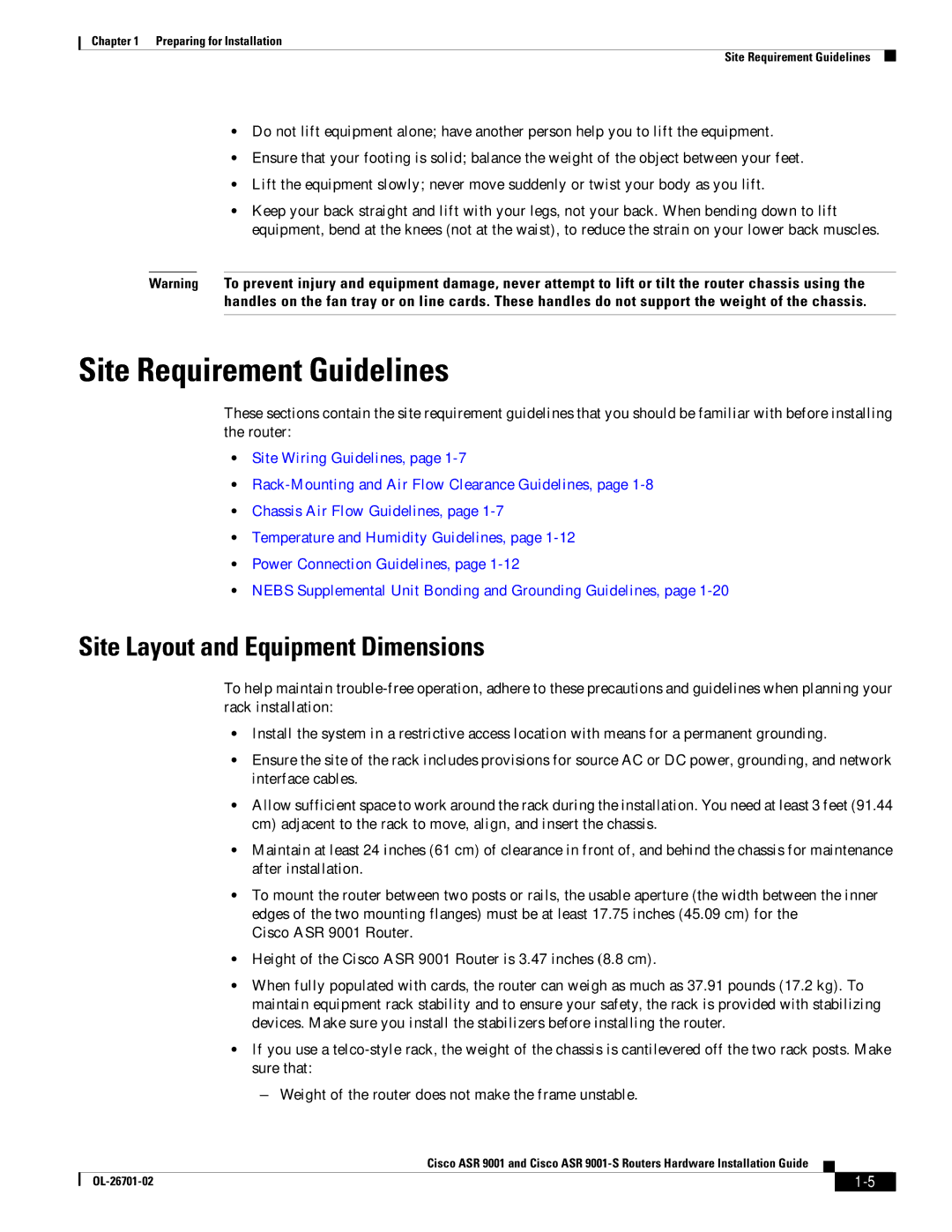 Cisco Systems ASR9001s, 9001S manual Site Requirement Guidelines, Site Layout and Equipment Dimensions 