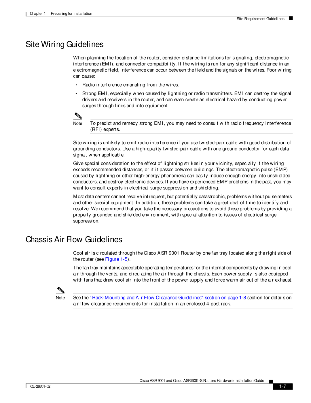 Cisco Systems ASR9001s, 9001S manual Site Wiring Guidelines, Chassis Air Flow Guidelines 