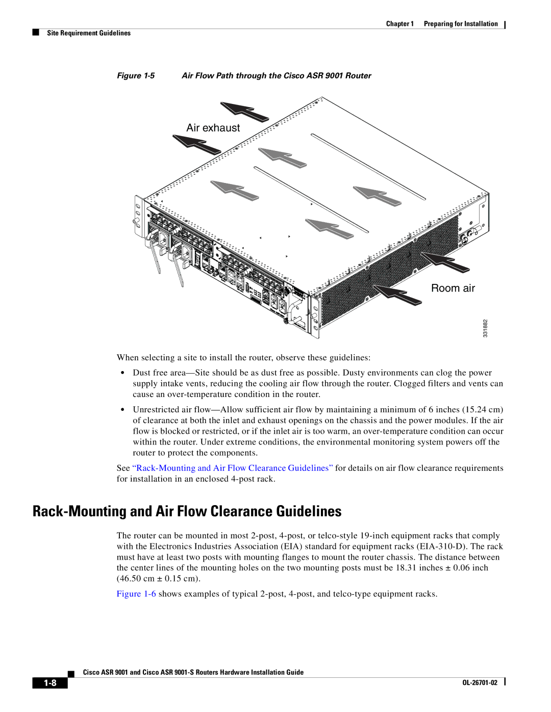 Cisco Systems 9001S, ASR9001s manual Rack-Mounting and Air Flow Clearance Guidelines, Air exhaust Room air 