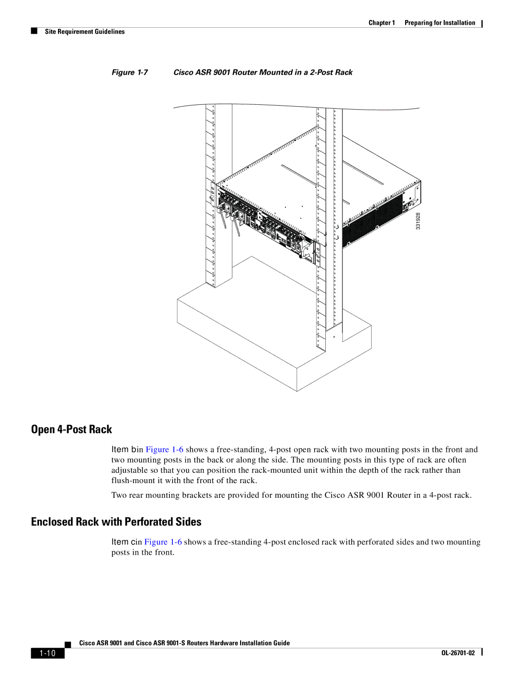 Cisco Systems ASR9001s, 9001S manual Open 4-Post Rack, Enclosed Rack with Perforated Sides 